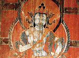 Tibet Guge 03 Tholing 07 White Temple 05 Vajravidarana On the left wall is a painting of Vajravidarana, a purification deity who holds a double vajra in her right hand and an upside down bell with a similar handle in her left hand at her hip. Photo - Hein/Boelmann: Tibet  Der Weie Tempel von Tholing.